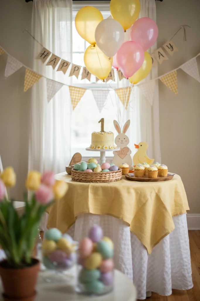 Soft yellow and white bunny and duckling themed first birthday party decor with gingham accents