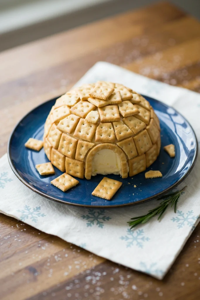 Dome-shaped white cheese ball with cracker bricks like an igloo
