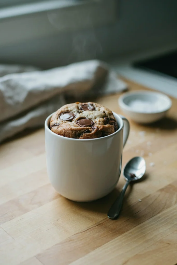 A single chocolate chip cookie baked inside a white ceramic mug