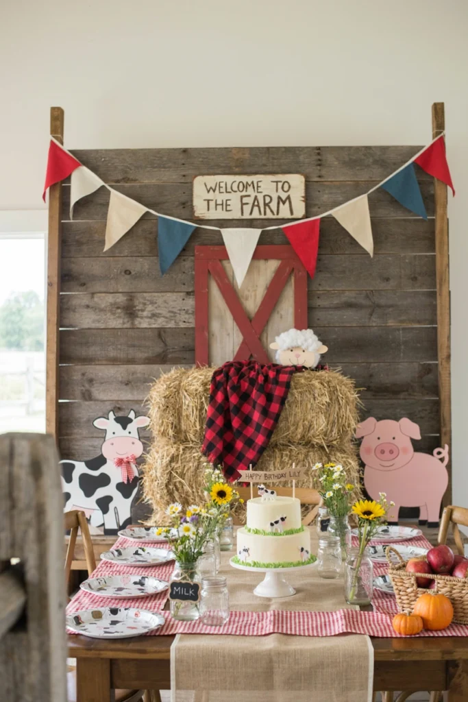 Rustic farm animal themed first birthday party with wooden barn backdrop and plaid accents