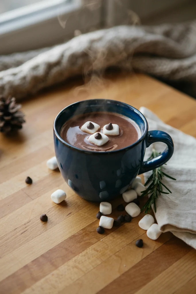 Mug of hot cocoa topped with a marshmallow snowman with chocolate chip eyes