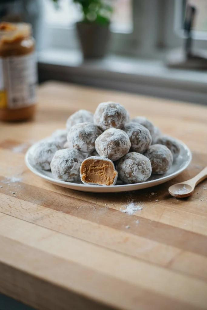 Powdered-sugar-coated peanut butter balls piled on a plate like snowballs