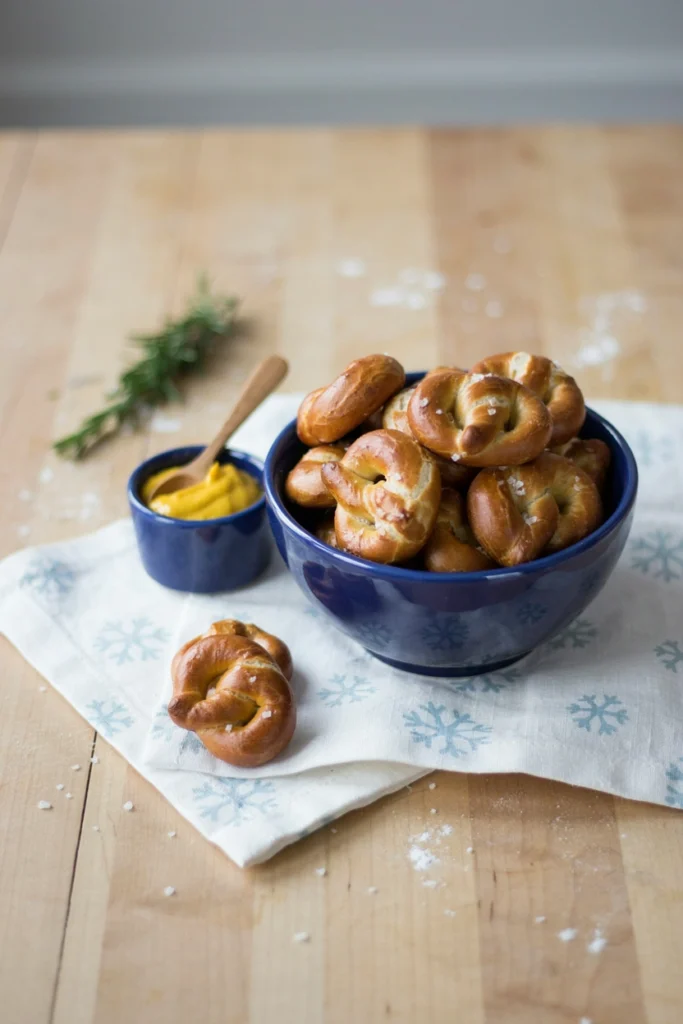 Golden soft pretzel bites with salt in a basket next to mustard