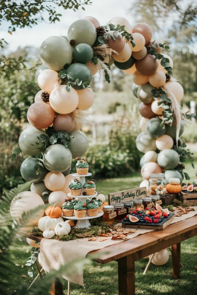 Soft woodland spring critters first birthday party with fox, deer, and bunny figures in sage and terracotta