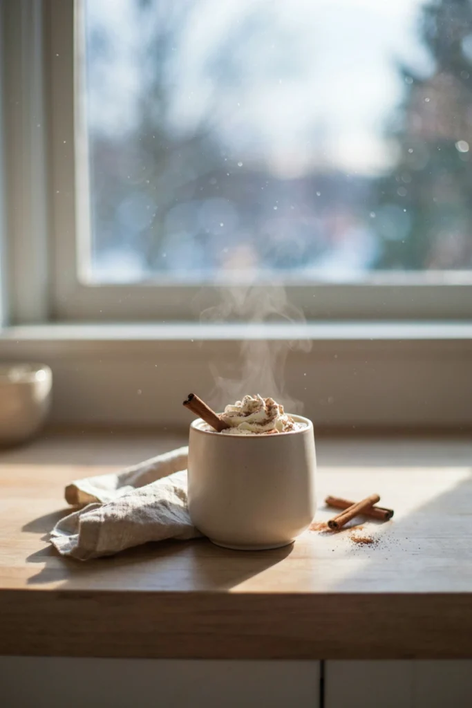 Hot cocoa with cinnamon sugar swirled on top and a cinnamon stick garnish