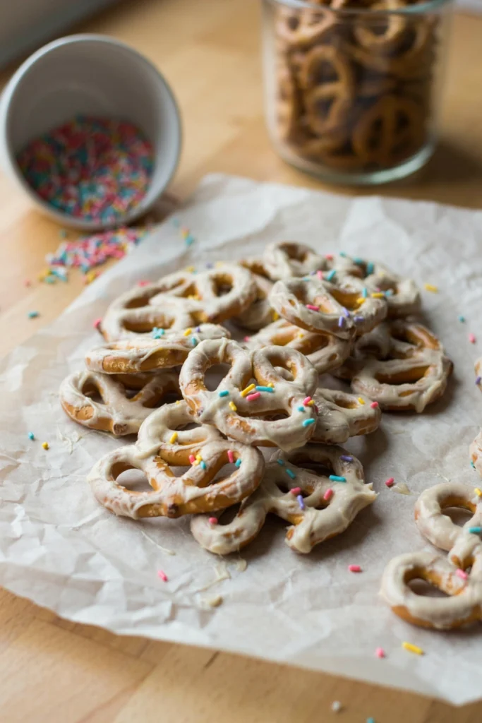 Mini pretzel twists coated in white yogurt drizzle with sprinkles