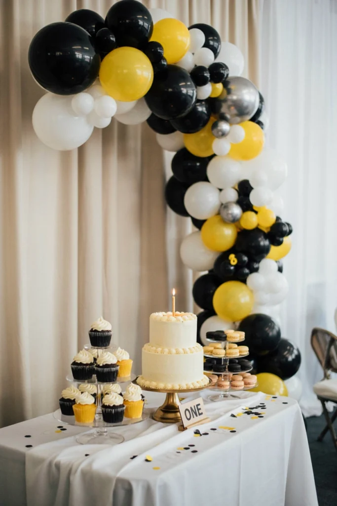 Black yellow and white Bee-Day bumblebee first birthday party with honeycomb decor and sunflowers