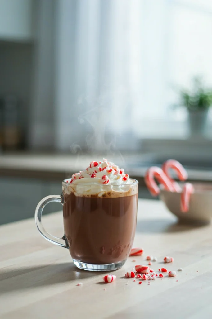 Hot cocoa topped with whipped cream and crushed candy cane in a glass mug