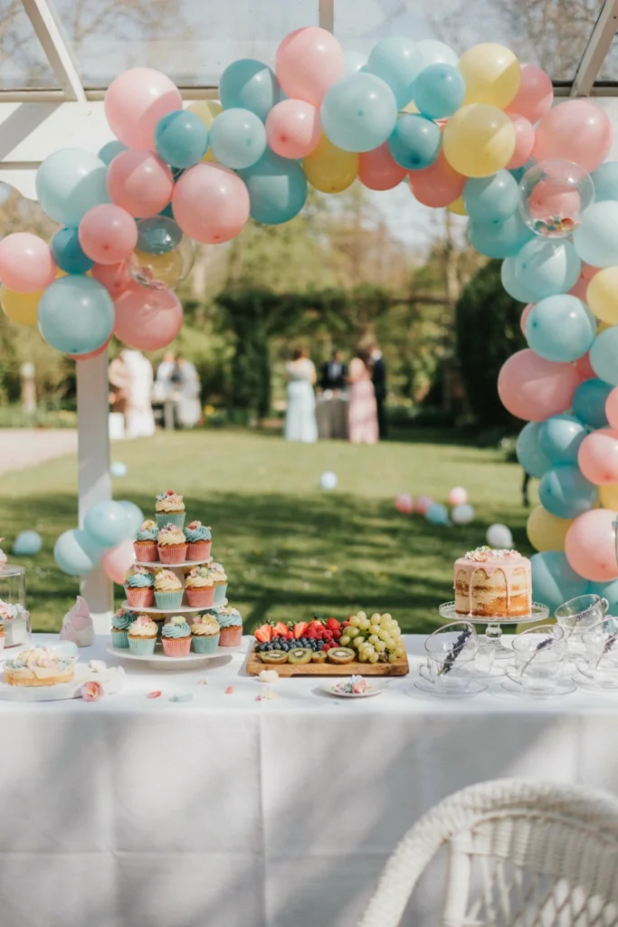 Dainty floral tea party first birthday setup with vintage teacups and tiered dessert stand