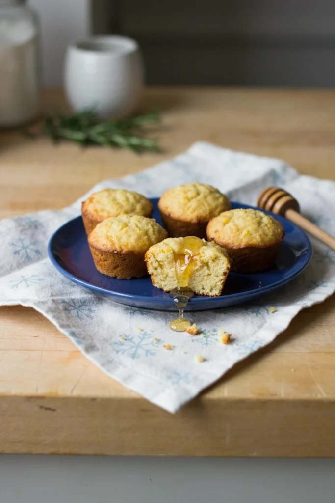 Mini golden cornbread muffins in a tin, one drizzled with honey