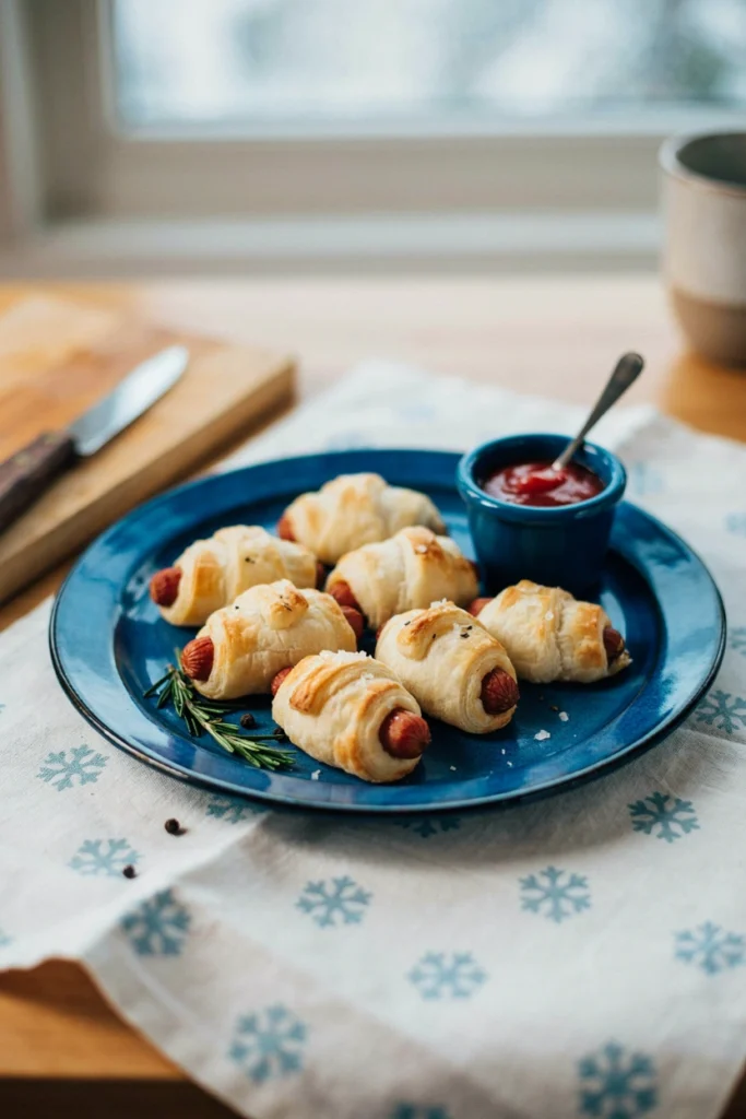 Golden crescent-wrapped mini hot dogs with a cup of ketchup