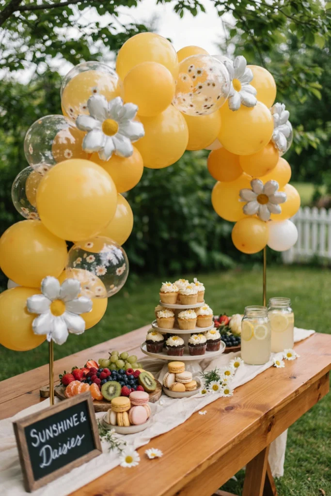 Cheerful yellow and white Sunshine and Daisies first birthday party with You Are My Sunshine banner