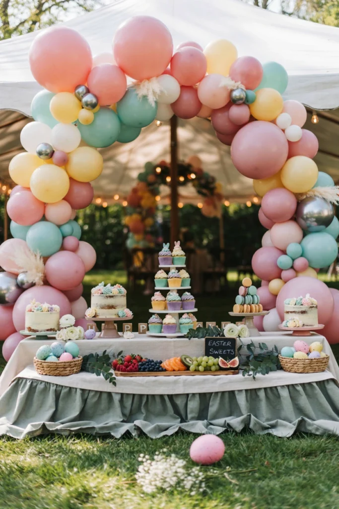 Soft pastel Easter-adjacent spring first birthday party with muted lavender and mint egg accents