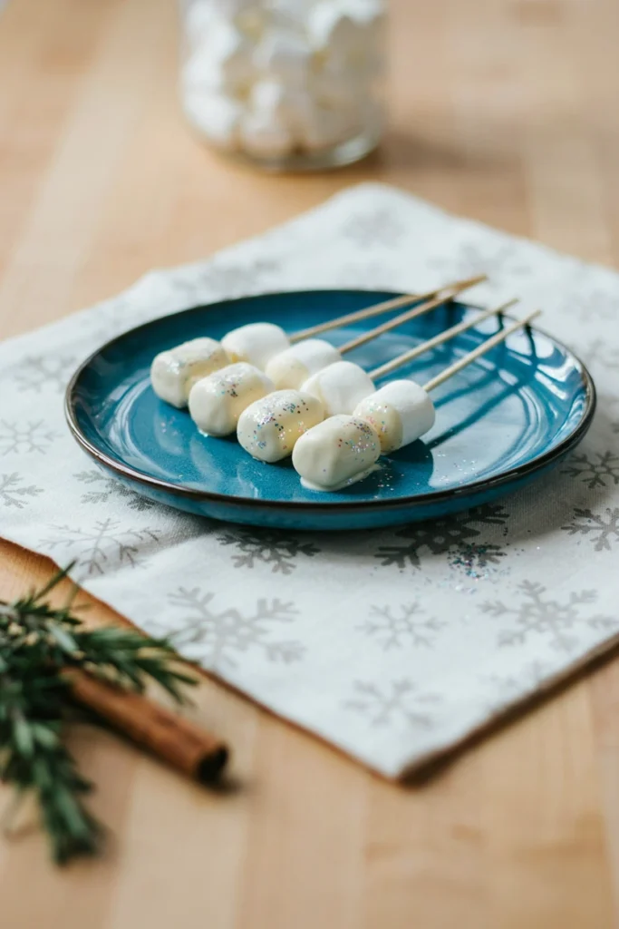 Marshmallow pops dipped in white chocolate and edible glitter