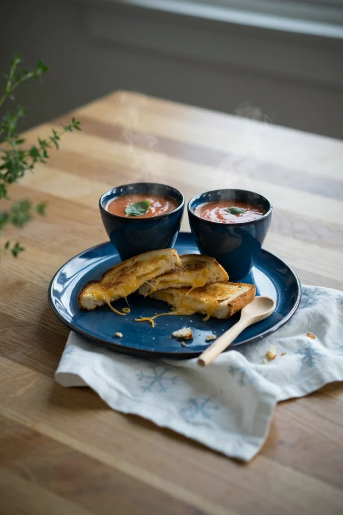 Grilled cheese strips served with shot glasses of tomato soup
