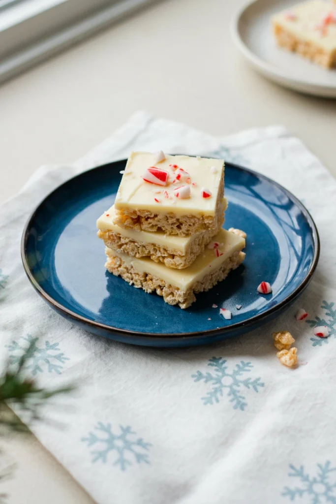 Rice Krispie treat squares topped with white chocolate and candy cane