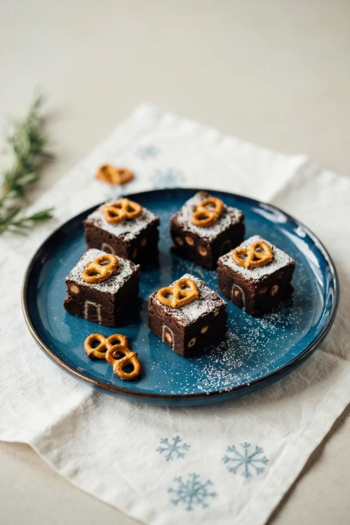 Brownie squares topped with pretzel roof shapes and powdered sugar snow