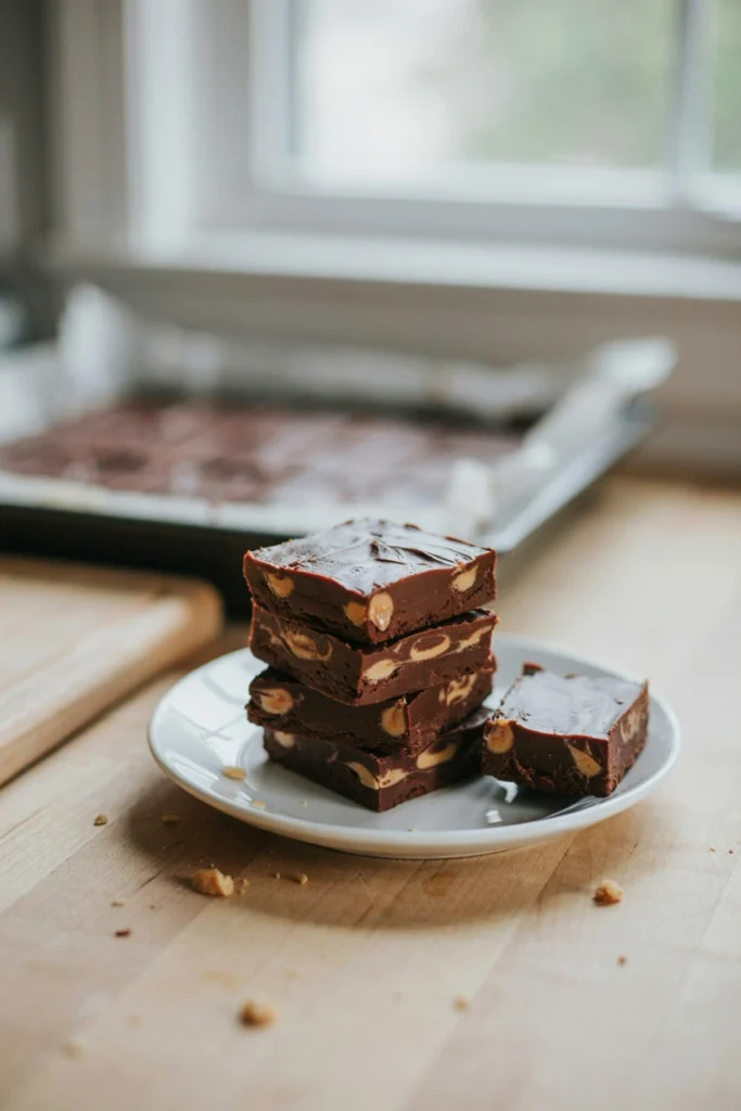 Pan of dark fudge squares swirled with peanut butter