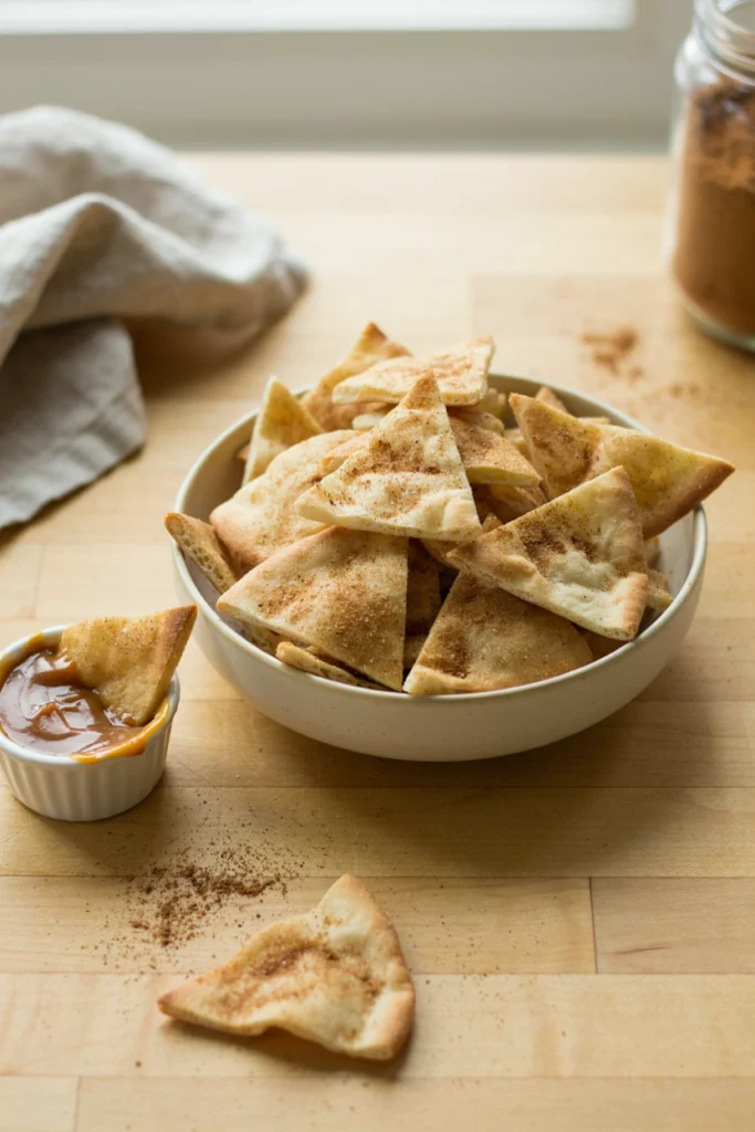 Cinnamon sugar pita chips in a bowl with a small dish of caramel dip