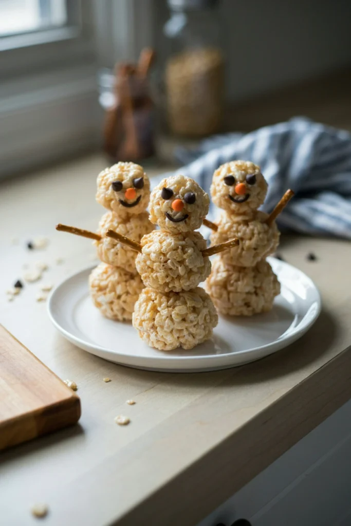 Rice Krispie treat balls stacked into snowman shapes with pretzel arms