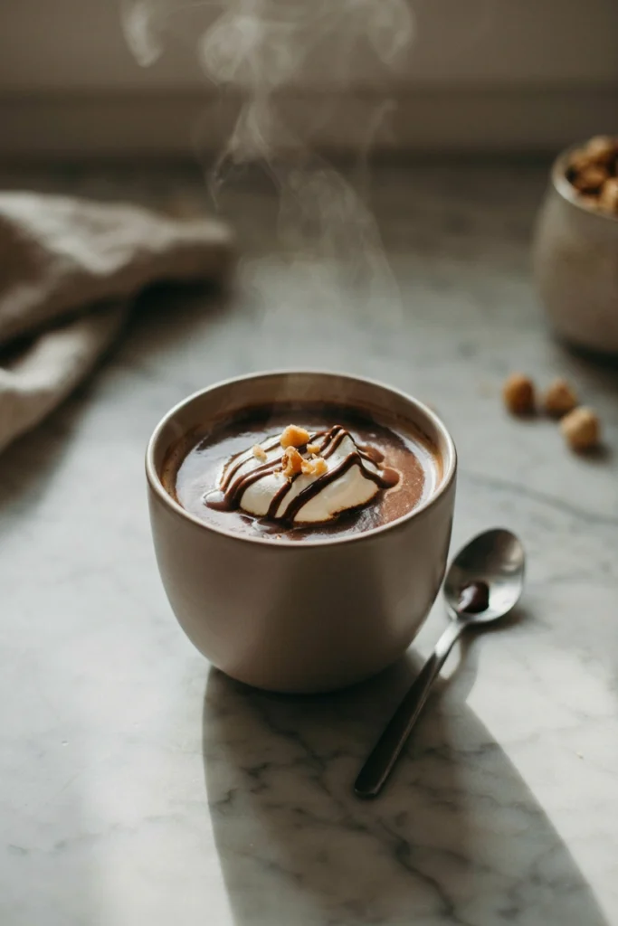 Dark hot chocolate topped with whipped cream and a Nutella drizzle