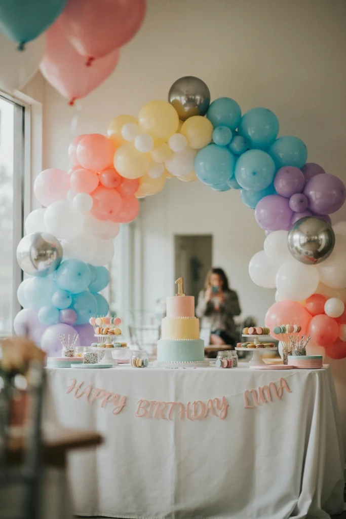 Pastel rainbow balloon arch over a white dessert table with a rainbow tiered smash cake