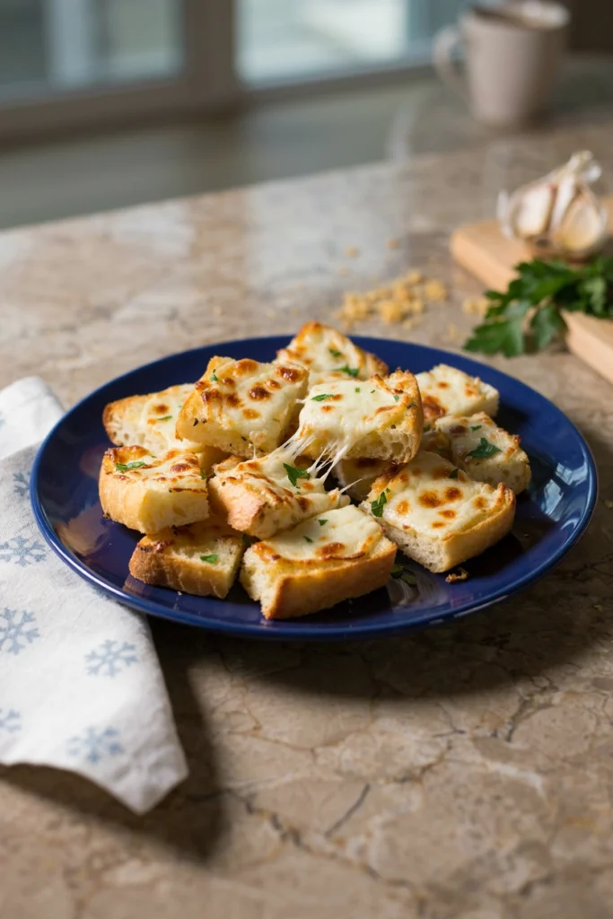 Bite-sized garlic bread pieces topped with melted cheese and parsley