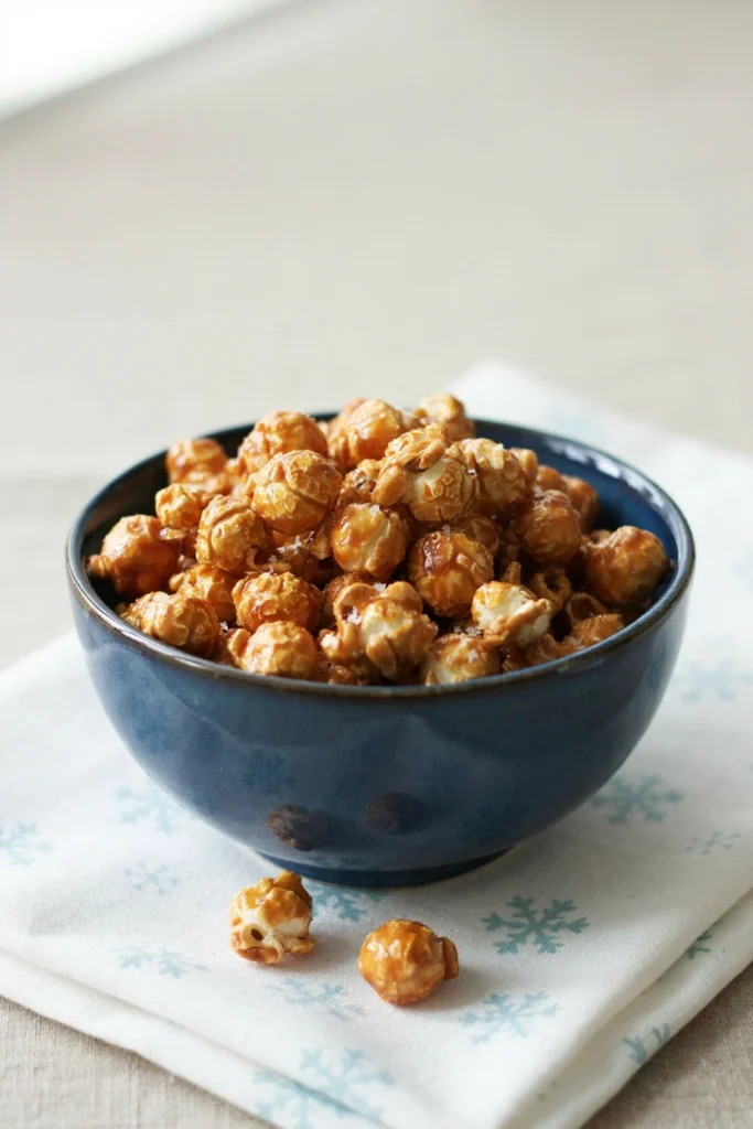 Glossy caramel-coated popcorn with flakes of sea salt