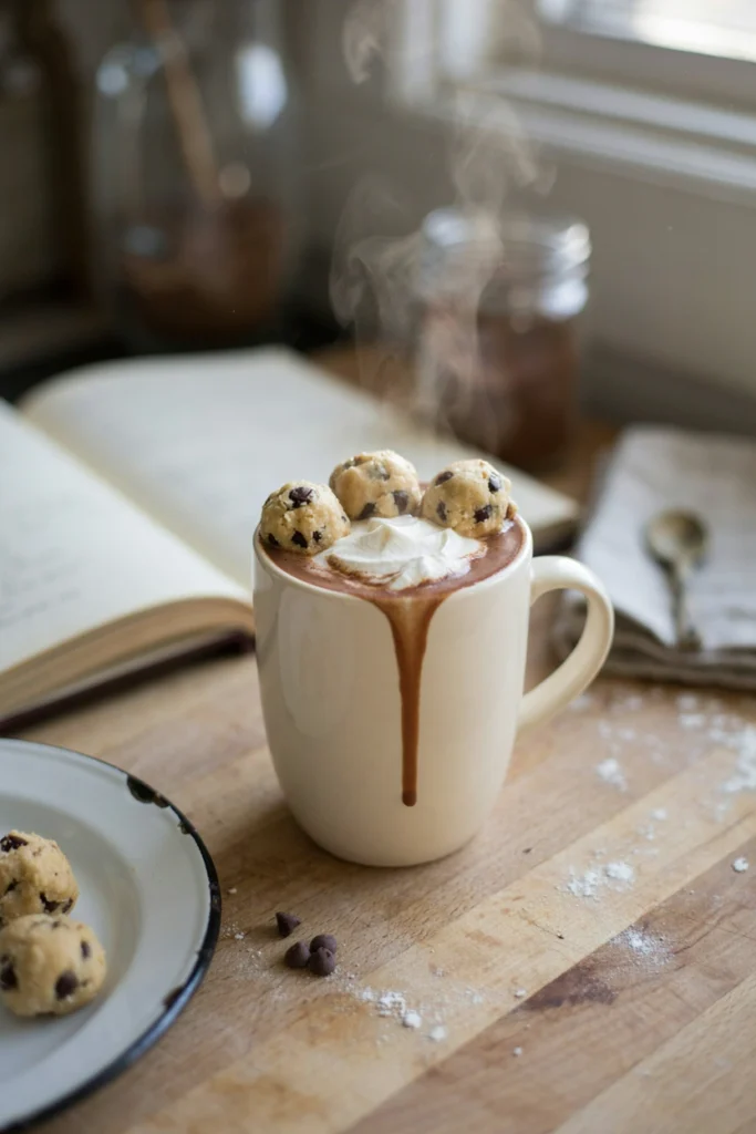 Hot cocoa mug rimmed with mini cookie dough balls