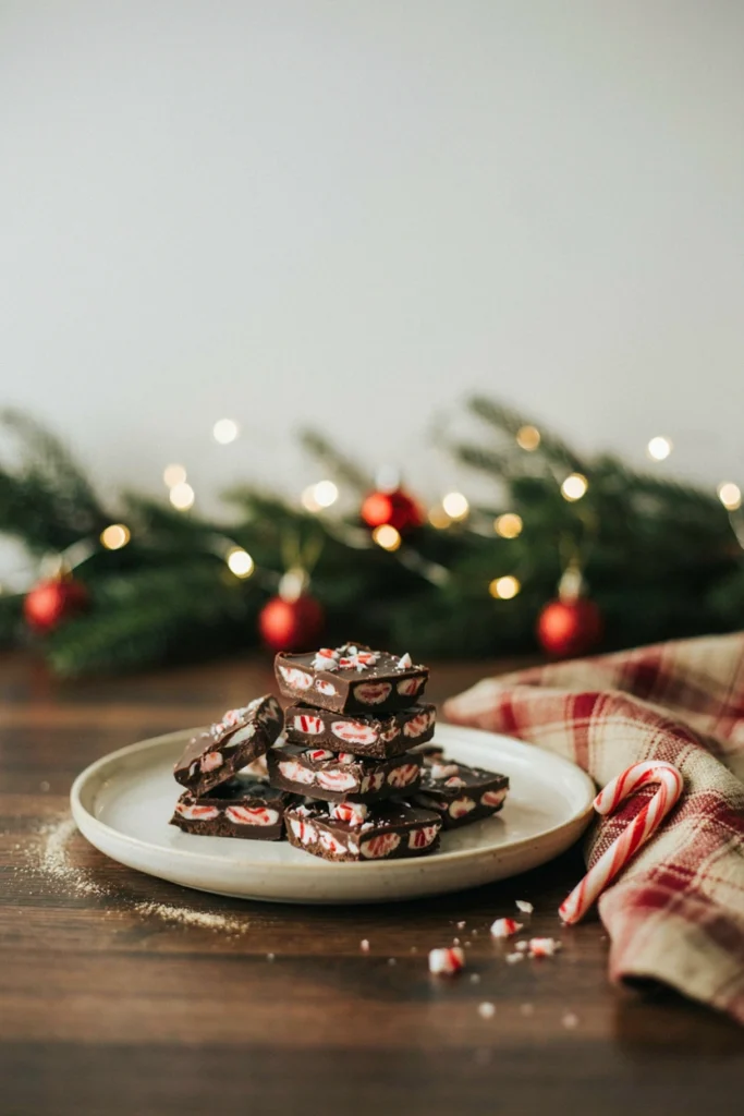 Small peppermint bark chocolate bites with a swirled red and white top, stacked on a plate