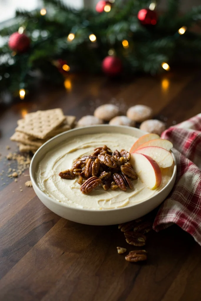 A close-up of pecan praline cheesecake dip topped with glossy candied pecans