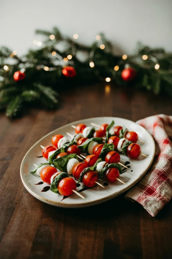 Red, white, and green caprese skewers drizzled with balsamic glaze on a platter