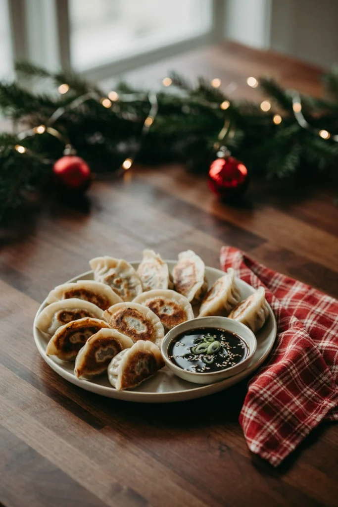 Crispy potstickers arranged with a small bowl of soy-ginger dipping sauce