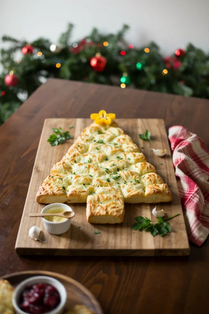 Photorealistic editorial food photography of a flat pull-apart garlic cheese bread Christmas tree displayed horizontally on a large rectangular wooden charcuterie board, made from individual golden biscuit-dough pieces arranged in a wide triangular tree silhouette tapering to a point, with a short bread trunk at the bottom, melted mozzarella stretching slightly between the pieces, brushed garlic butter and finely chopped parsley, topped with a small yellow bell pepper star, photographed from a slightly elevated overhead angle so the full flat tree shape is unmistakable, dark walnut tabletop, red-and-cream plaid napkin beside the board, softly blurred evergreen garland and red ornaments in the background, warm natural daylight, abundant party-sized appetizer, realistic homemade appearance, no stacked bread, no upright tower, no people, no hands, no candles, no text.