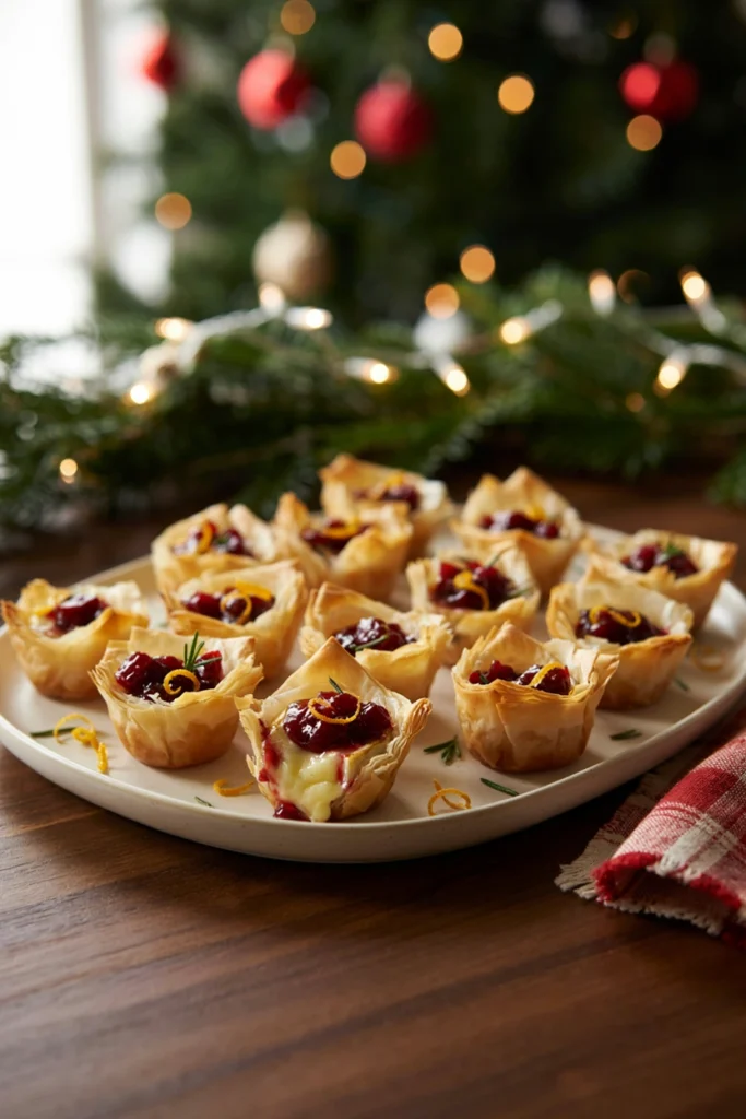 Mini phyllo cups filled with melted brie and cranberry orange compote, arranged on a tray