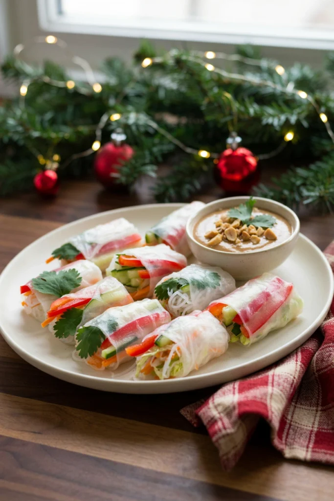Fresh veggie spring rolls with a bowl of peanut dipping sauce