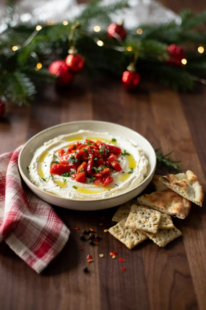 Whipped feta dip topped with roasted red peppers and a drizzle of olive oil