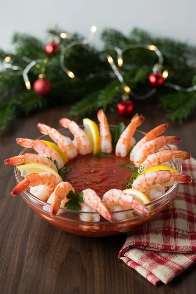 Citrus herb shrimp cocktail served chilled in a glass with cocktail sauce