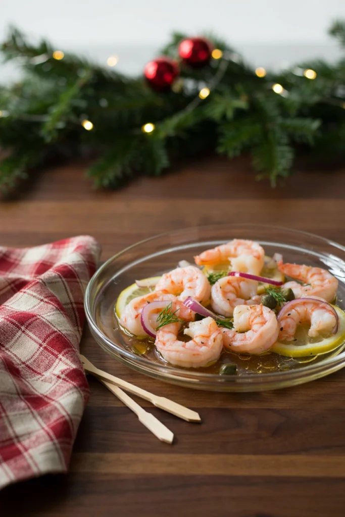 Pickled shrimp marinating with lemon slices, dill, and red onion in a glass dish