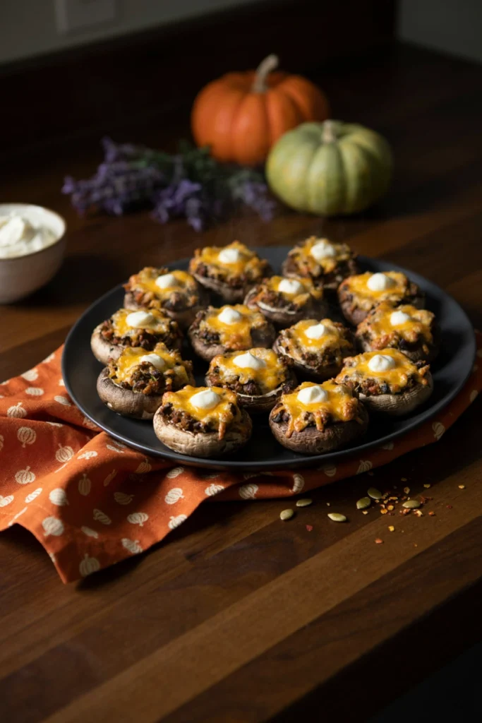 Loaded Black Bean Mushroom Caps - Halloween appetizer recipe