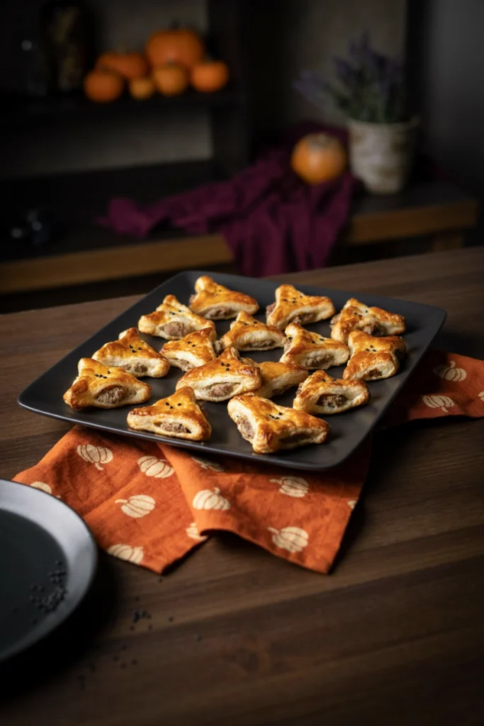 Bat Wing Sausage Rolls - Halloween appetizer recipe