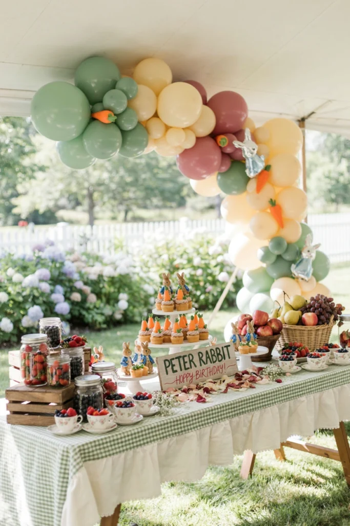 Vintage-inspired Peter Rabbit storybook first birthday party with watercolor florals and sage green palette
