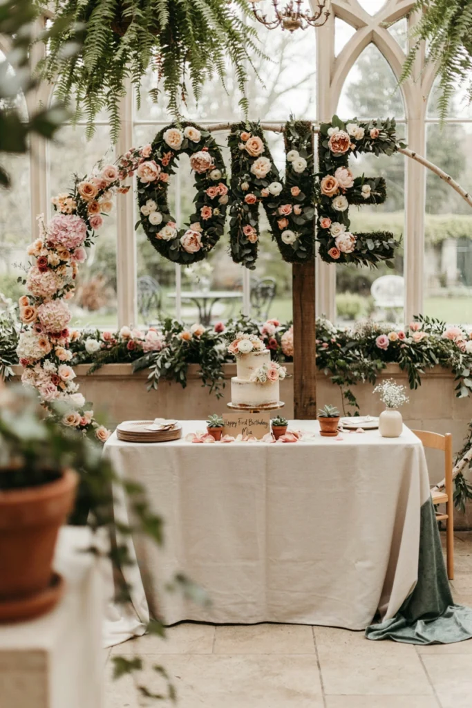 Garden one-derland first birthday party with an oversized floral ONE centerpiece and pastel florals