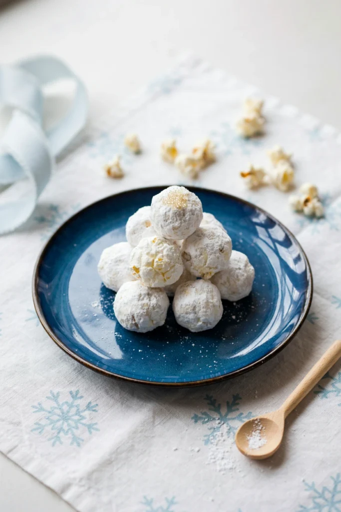 Round white popcorn balls stacked like a snowball fight arsenal