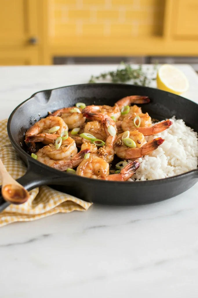 Honey garlic shrimp glazed in a skillet
