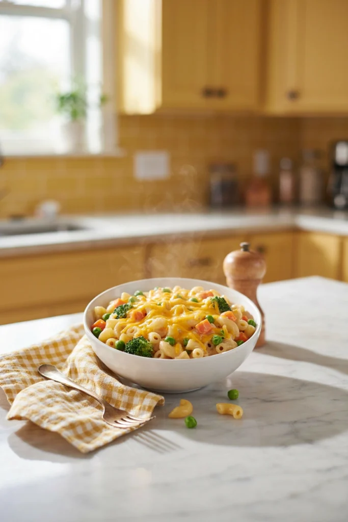Creamy mac and cheese with peas and carrots