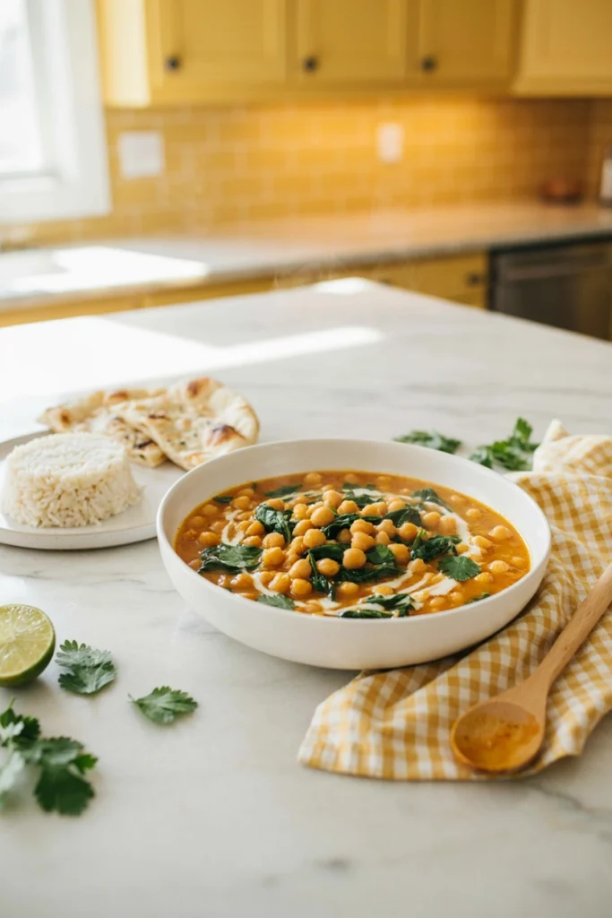Chickpea coconut curry served over rice