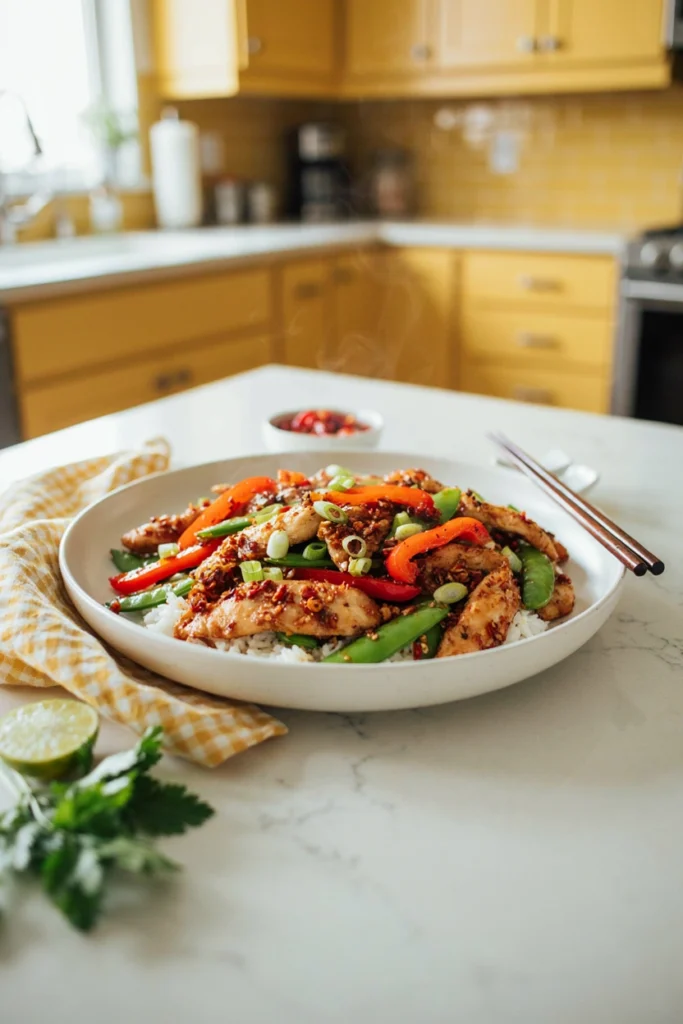 Chili crisp chicken stir fry with peppers and snow peas