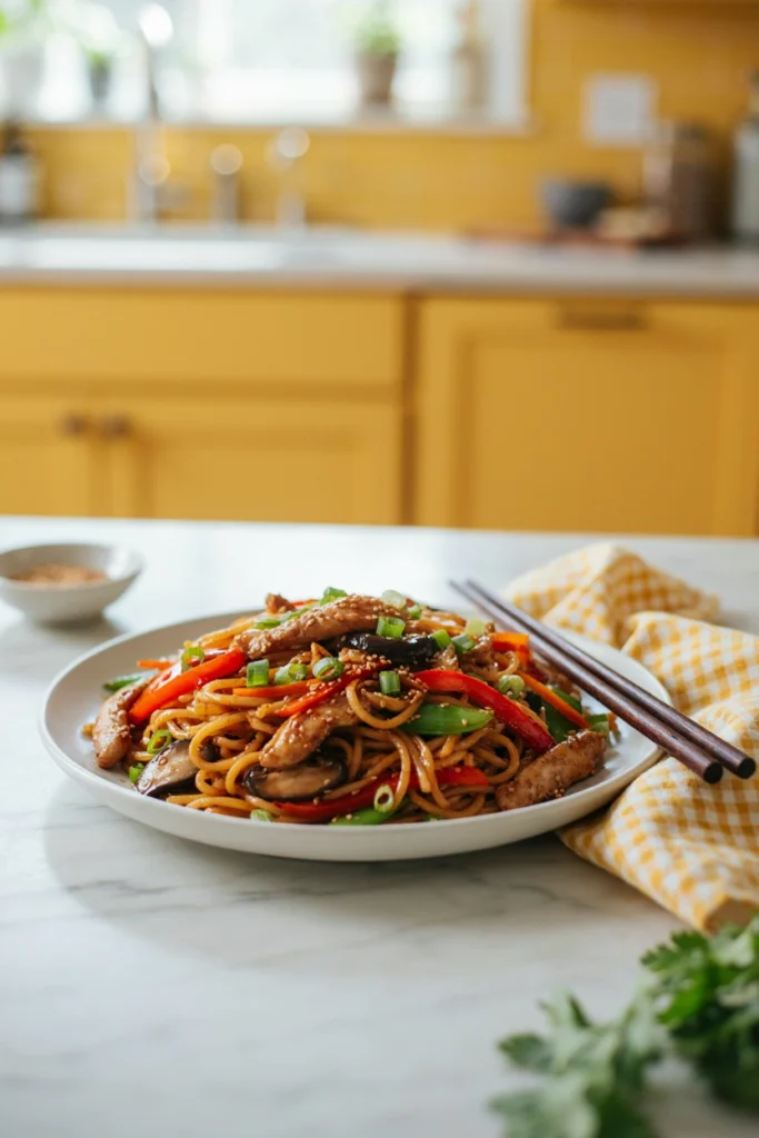 Sesame ginger chicken noodles topped with sesame seeds