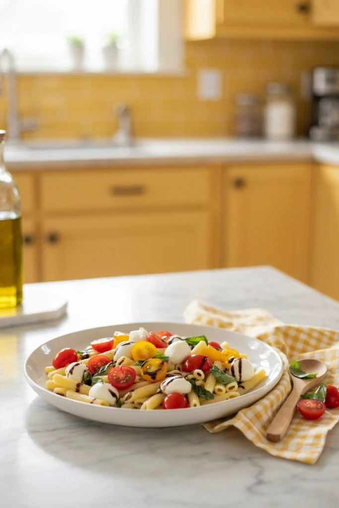 Caprese pasta with cherry tomatoes and mozzarella